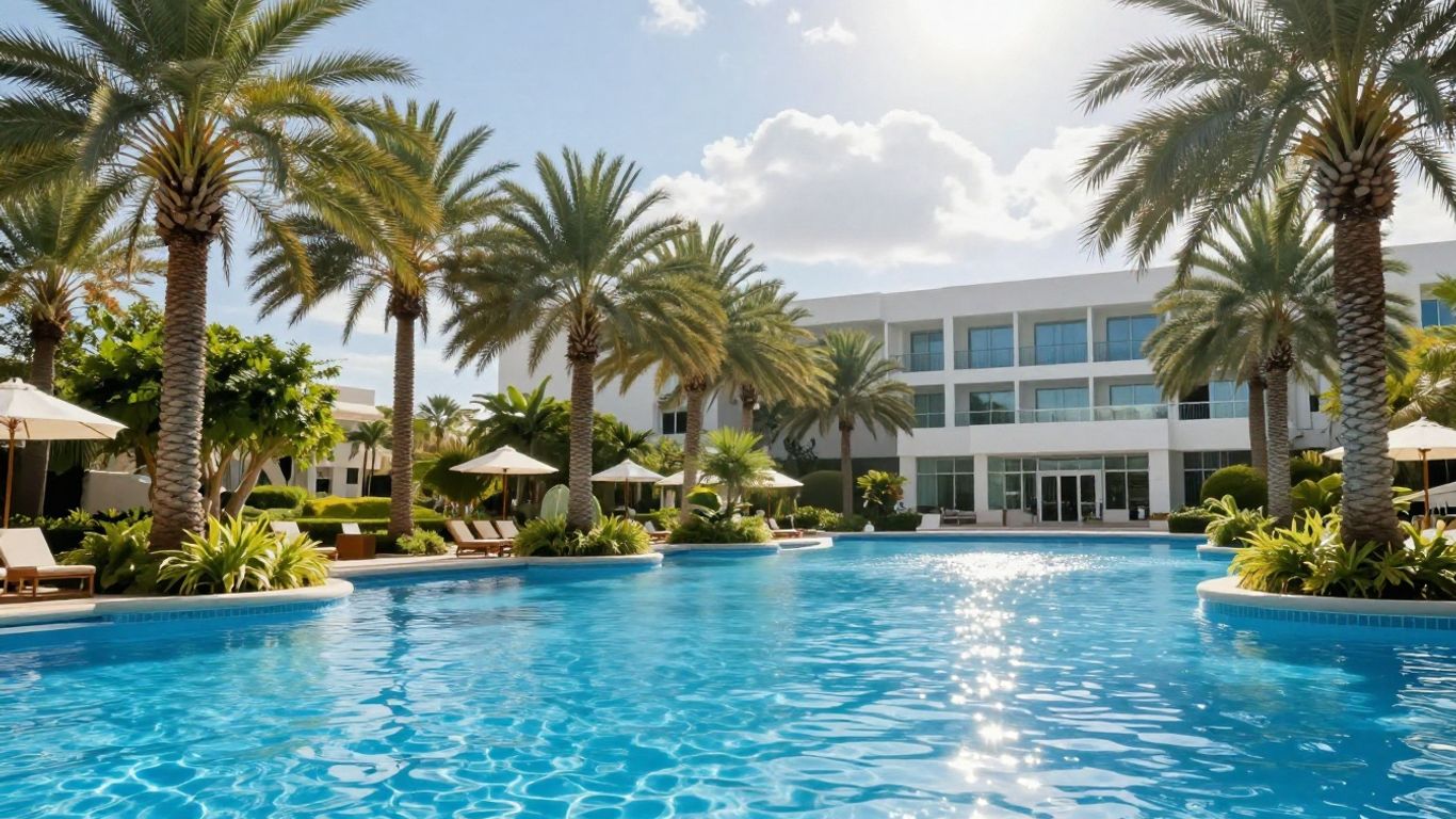 Relaxing poolside with palm trees and resort building.