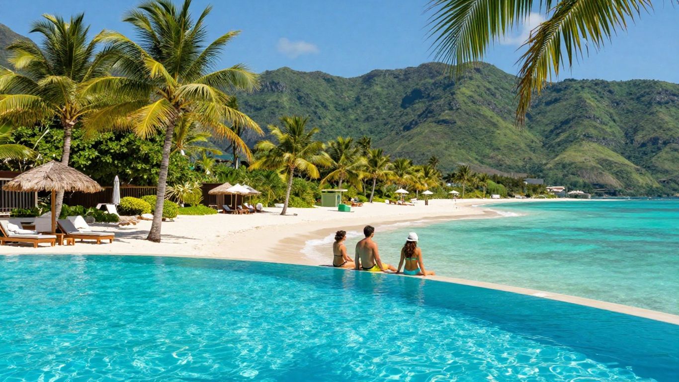 Couple relaxing by pool with beach and mountains