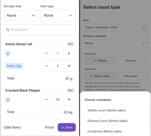 Screen showing Nory dashboard and stock cunt template feature