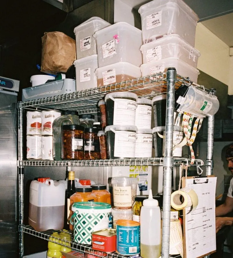 Restauarnt inventory on metal shelves