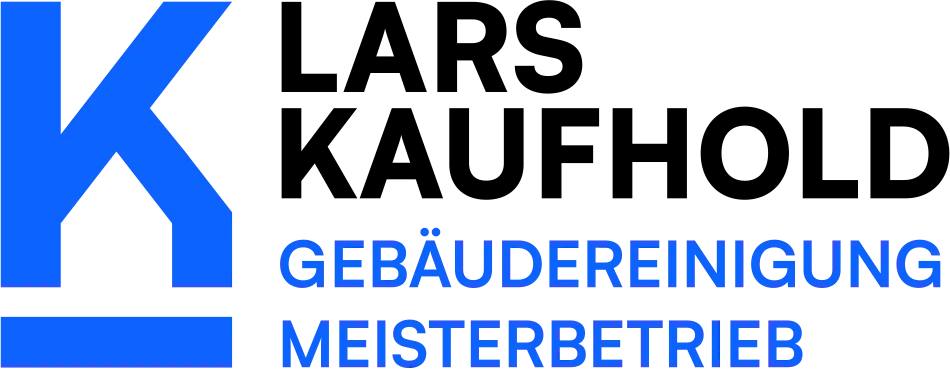 Logo von K & Kaufhold Gebäudereinigung Meisterbetrieb mit blauem K und schwarzer Schrift.