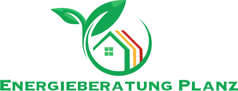 Logo mit grünem Blatt, Haus und dem Text Energieberatung Planz in grüner Schrift.