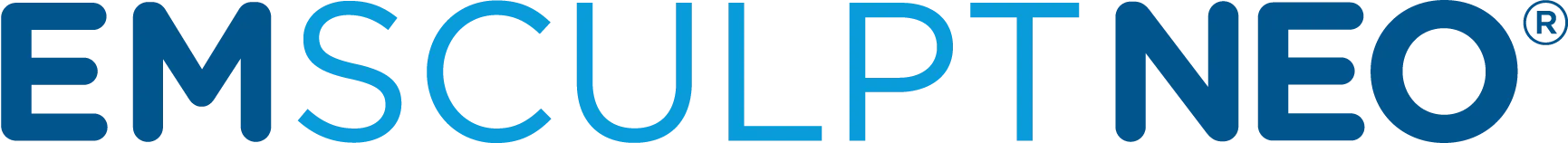 Emsculpt Neo logo with stylized blue and light blue letters.