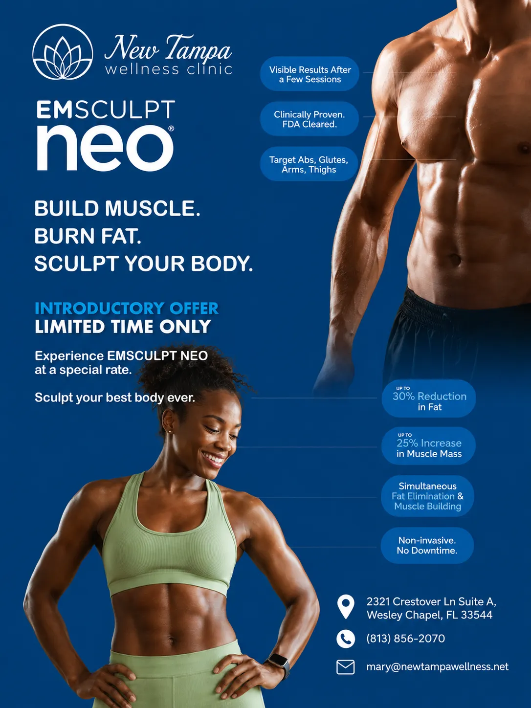 Fit man and woman with toned muscles promoting EMSculpt Neo muscle building and fat burning treatment.