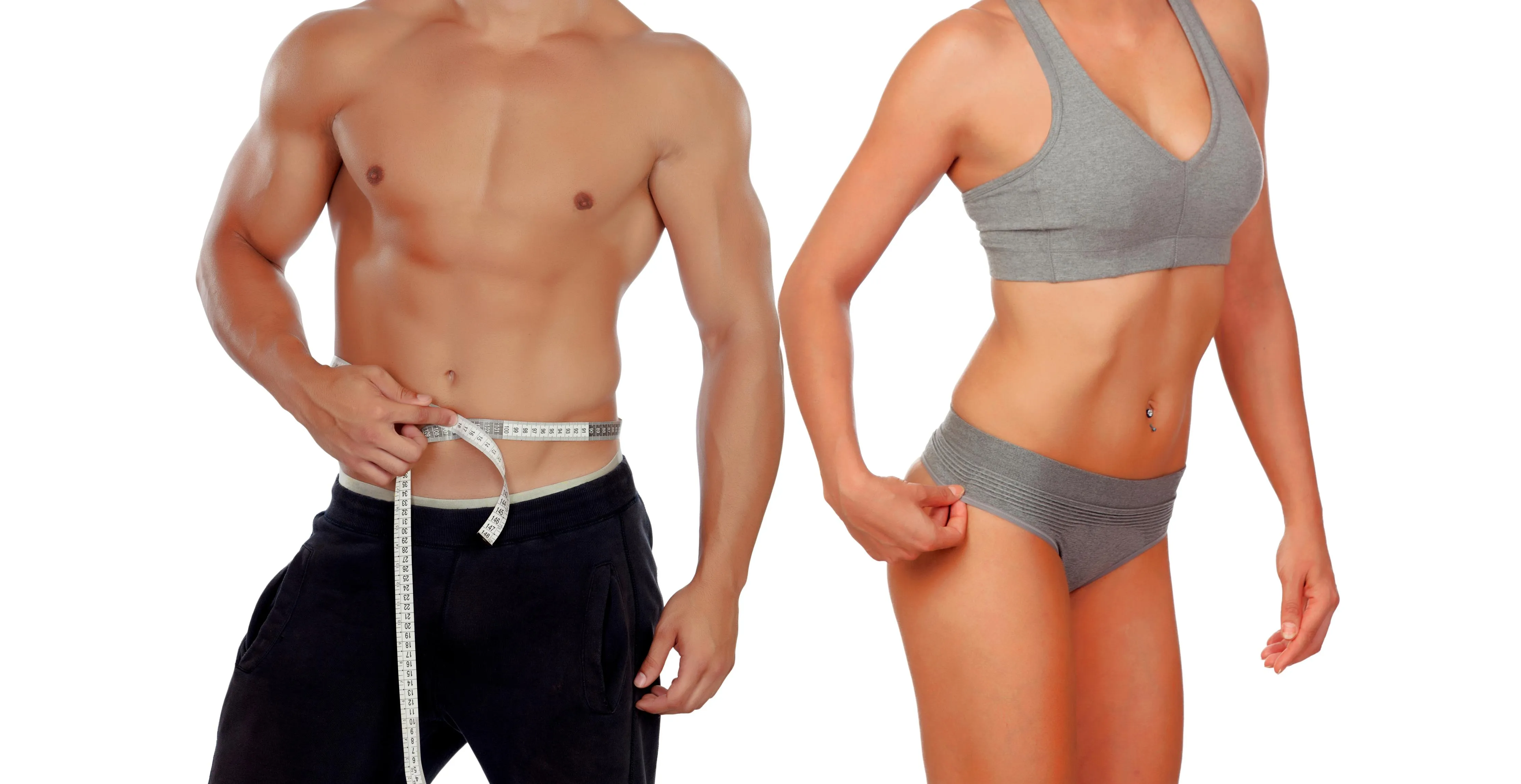Fit man measuring waist with tape and woman pinching her hip in gray sportswear on white background.