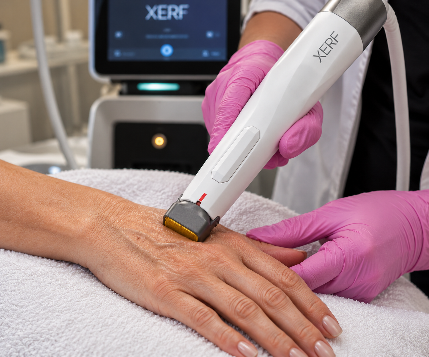 Guest trying the XERF applicator to feel the treatment sensation