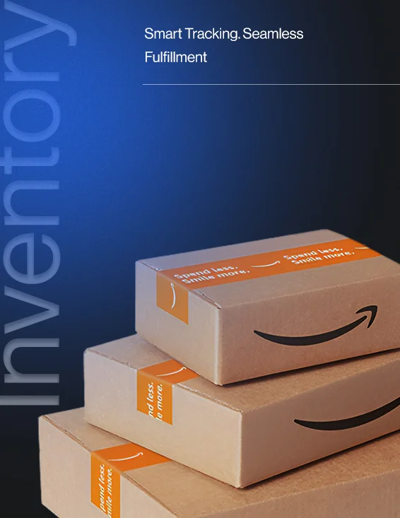 Three stacked Amazon shipping boxes with orange tape against a blue gradient background with the words 'Smart Tracking. Seamless Fulfillment' and 'Inventory' vertically on the left side.