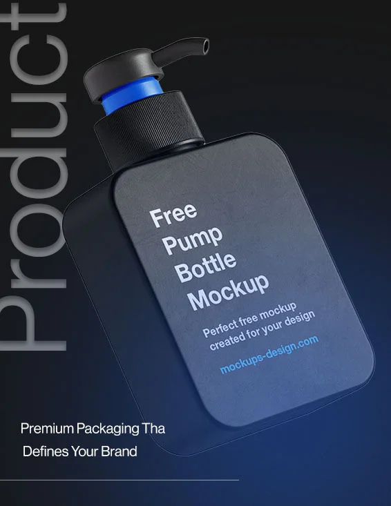 Matte black pump bottle mockup with blue pump, labeled 'Free Pump Bottle Mockup' on a dark gradient background.