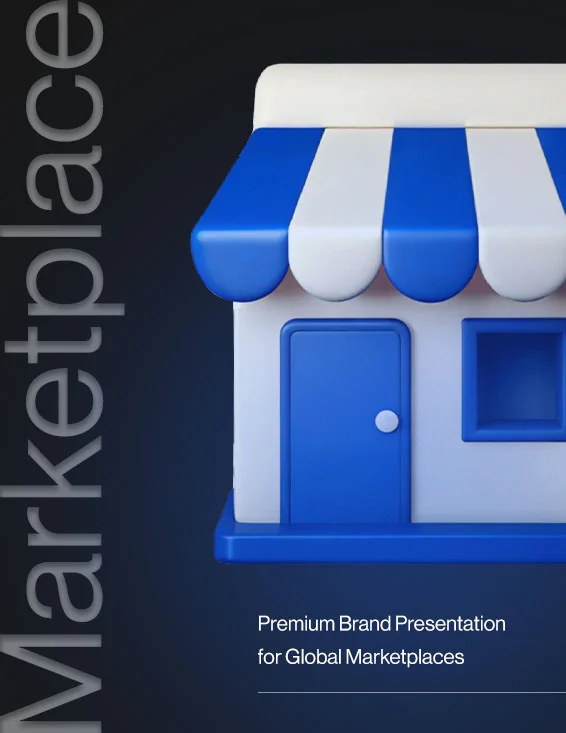 3D illustration of a small shop with a blue and white striped awning on a dark background with text 'Premium Brand Presentation for Global Marketplaces'.
