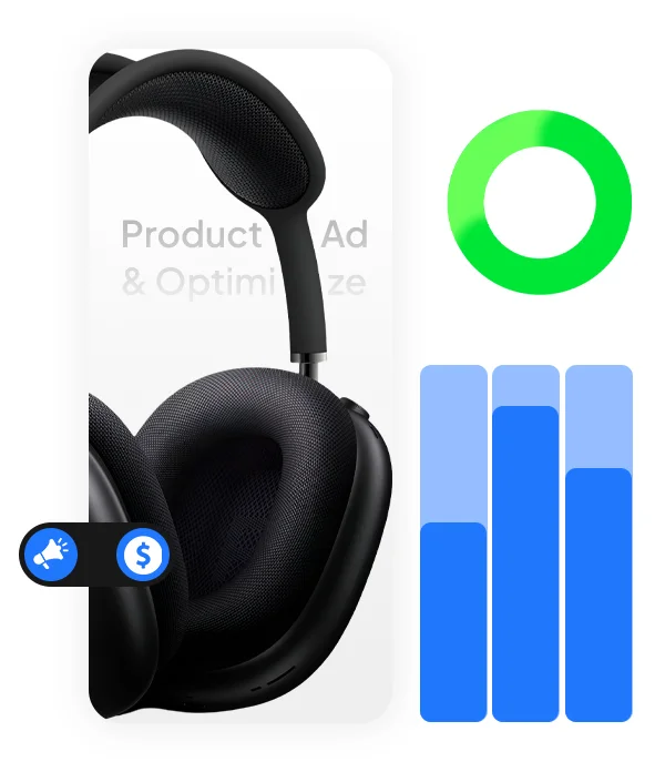Black over-ear headphones with a circular green loading icon and blue bar chart graphics.