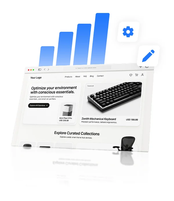 E-commerce webpage showing keyboard and air purifier products with rising blue bar graph icons in background.