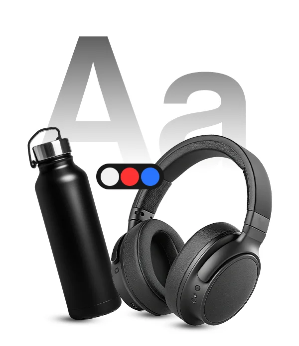 Black insulated water bottle and black wireless over-ear headphones on a white background with large gray letters Aa behind.