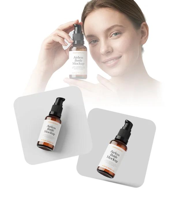 Woman holding a small amber airless pump bottle with blank white label mockup for skincare or cosmetic product.