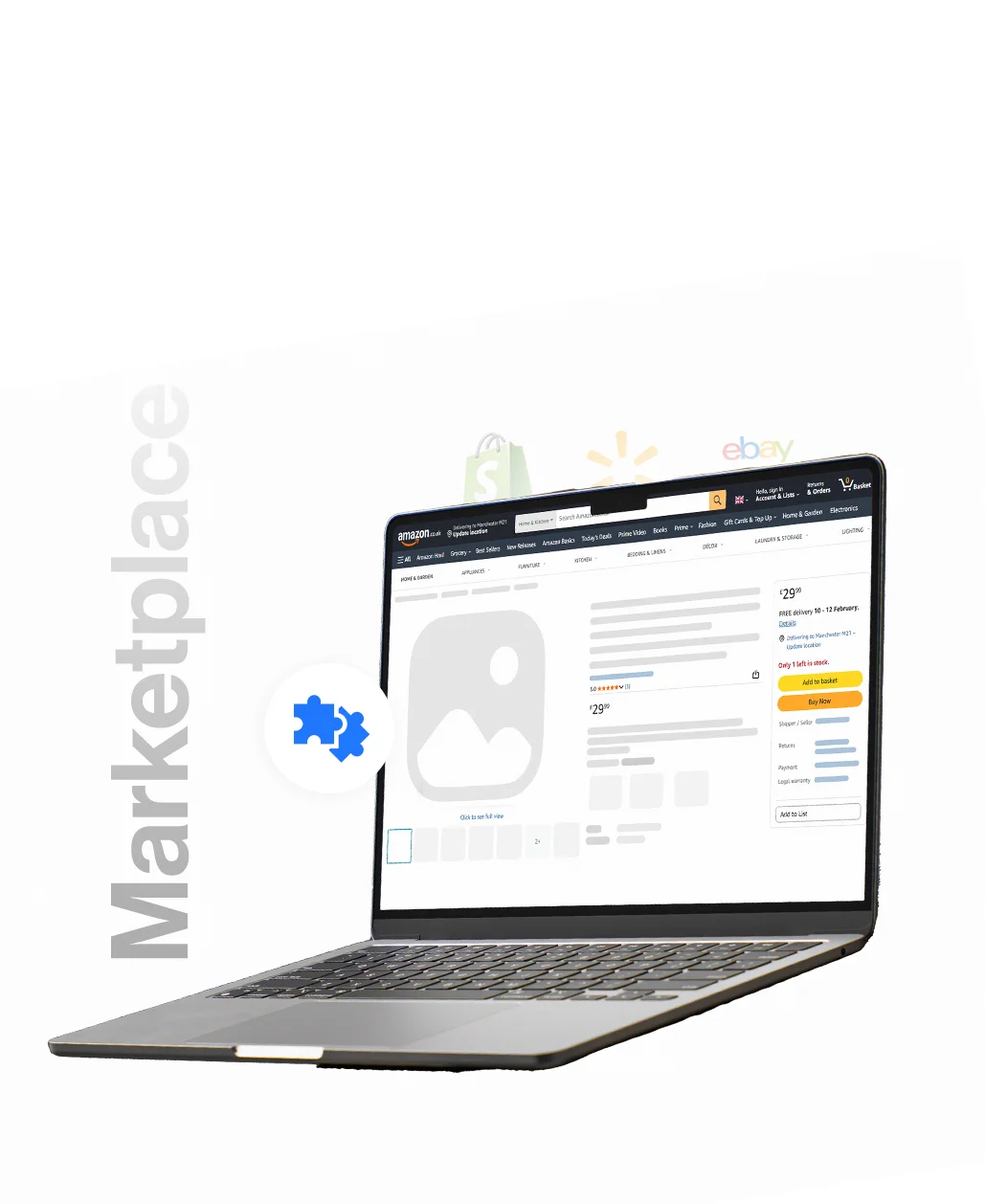 Laptop displaying an online marketplace page with shopping icons and the word Marketplace on the left.