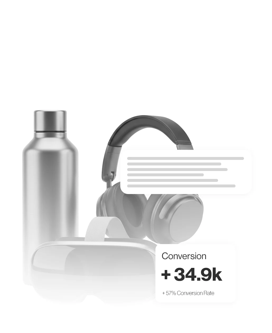Silver water bottle, black headphones, and VR headset with conversion stats showing +34.9k and +57% rate.