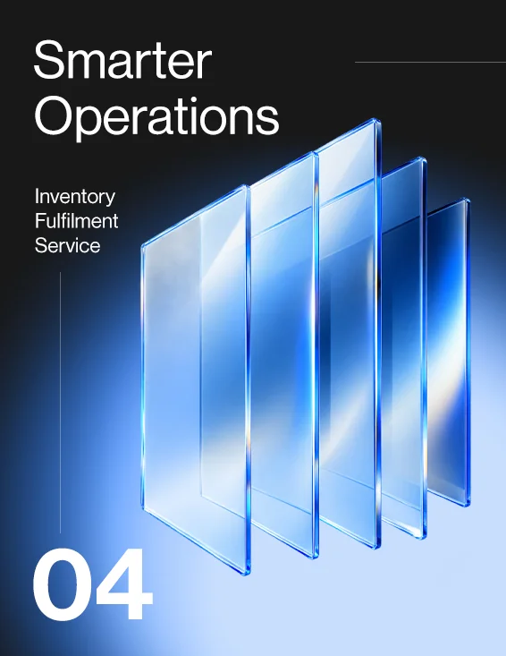 Three stacked Amazon delivery boxes with orange tape on a dark blue background with text 'Smart Tracking. Seamless Fulfillment' and a vertical word 'Inventory'.
