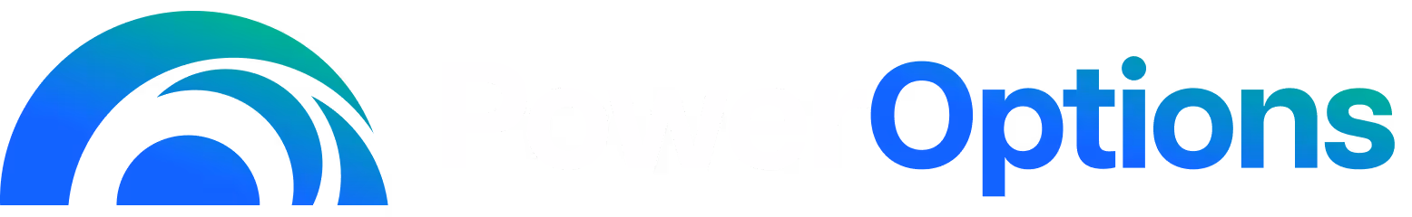 PowerOptions logo with a blue and green abstract circular design to the left of the text.