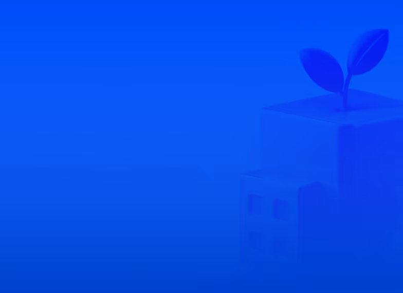 Blue-toned image featuring stylized block shapes resembling buildings with a small plant sprouting two leaves from the top of one block.
