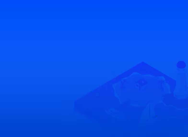 Illustration of a small island with palm trees, a house, a boat, and a lighthouse on a blue gradient background.