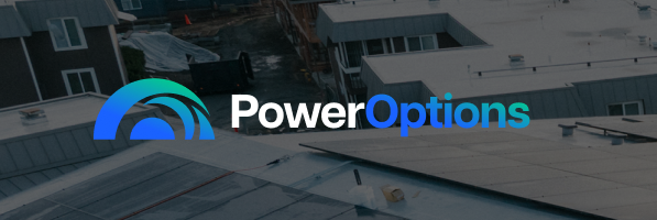 PowerOptions logo over an aerial view of rooftop solar panels