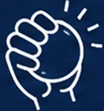 White line drawing of a hand squeezing a stress ball on a dark blue background.