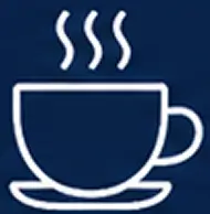 White outline of a coffee cup with steam rising on a dark blue background.