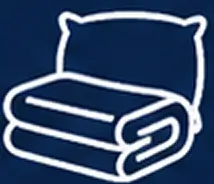 White line art of a folded blanket and pillow on a dark blue background.