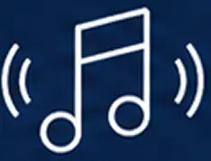 White music note icon with sound waves on dark blue background.