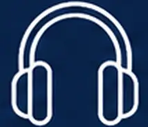 White line drawing of headphones on a dark blue background.