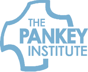 The Pankey Institute text logo with abstract cross-shaped border in blue.