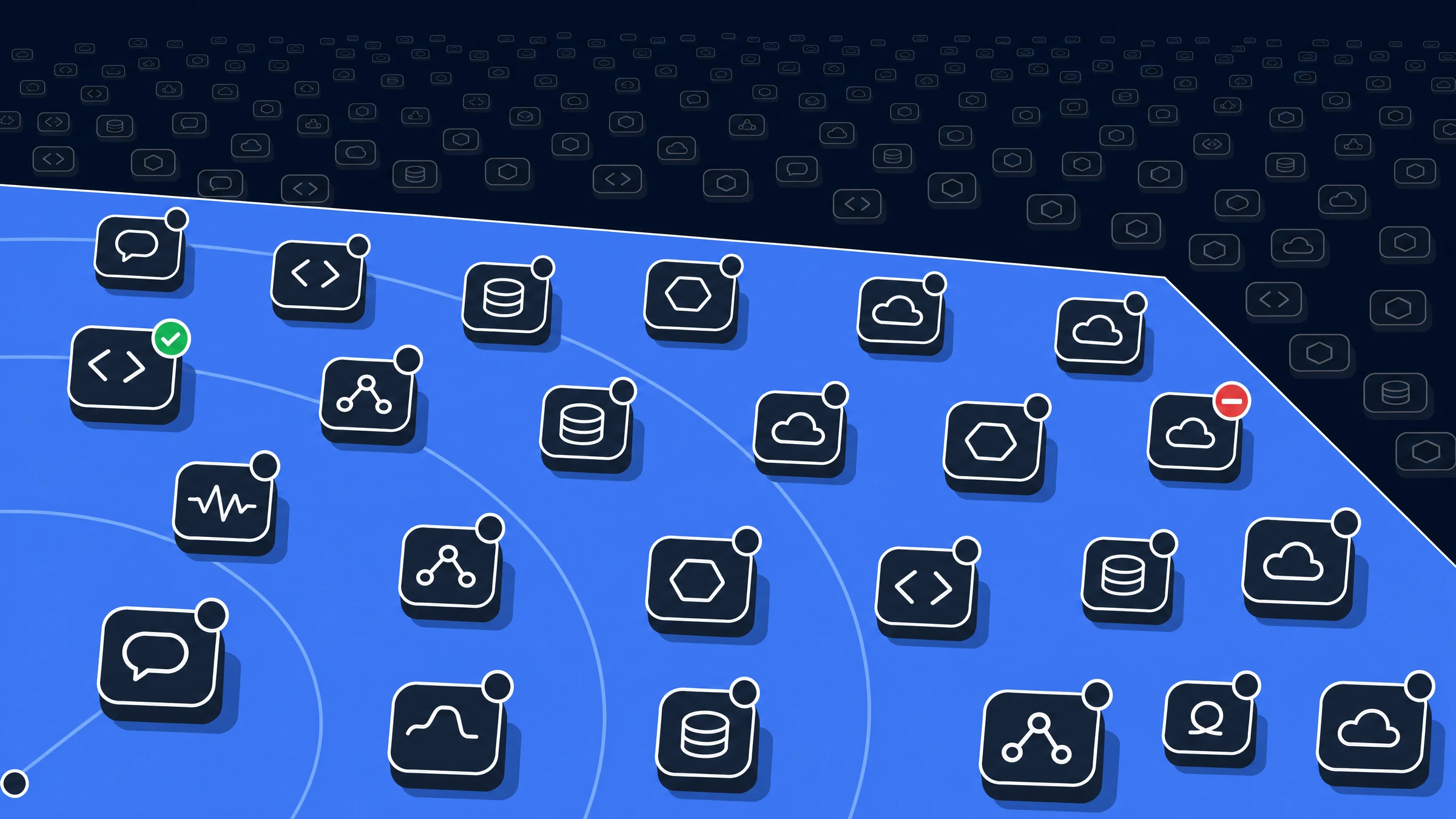 Diagram: a scan sweeps across a dark field of AI application tiles. Inside the swept band every tile is fully resolved and individually identifiable, one marked approved and one marked blocked, while the tiles outside the band stay faint and unaccounted for.