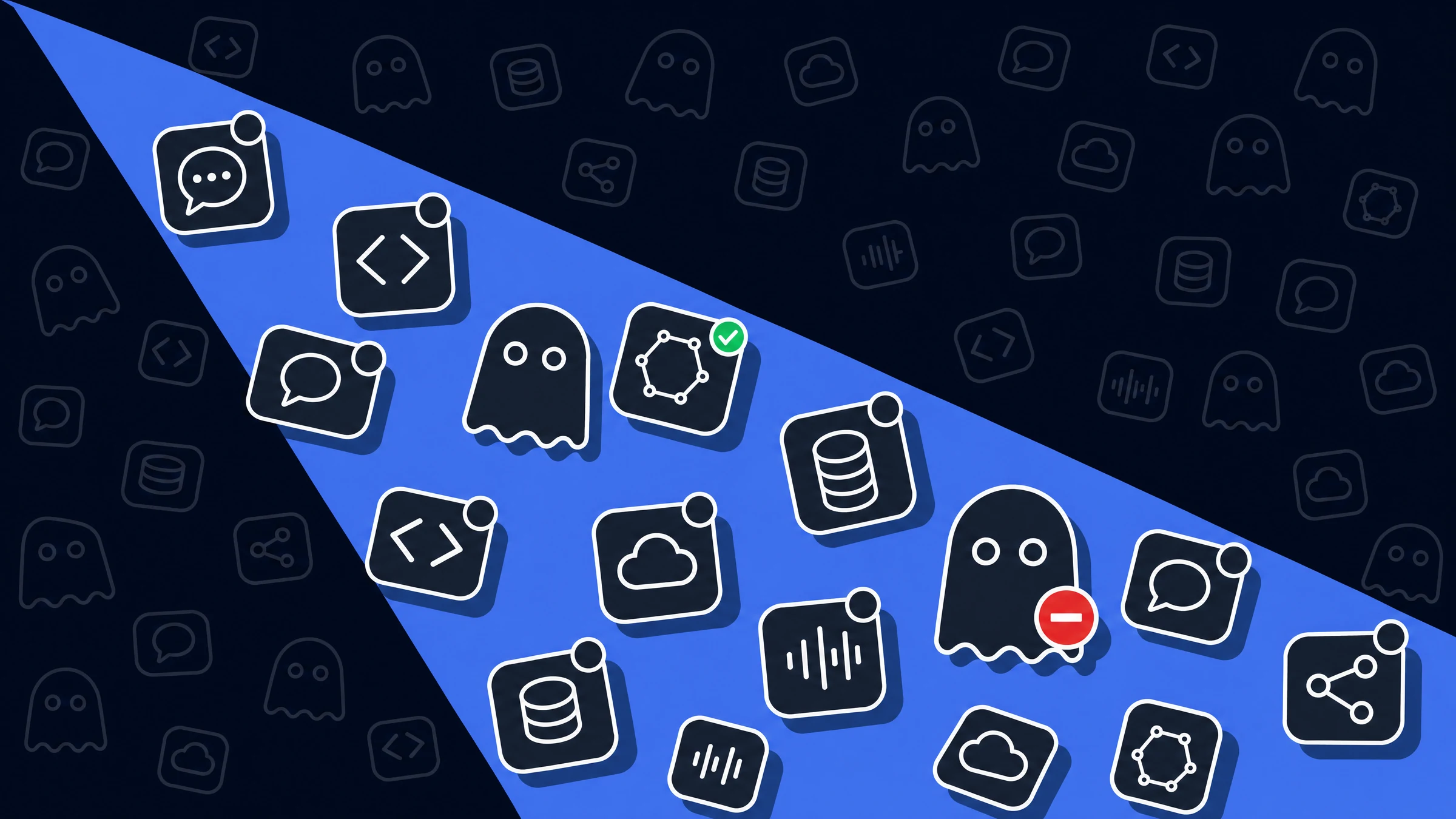 Diagram: a beam sweeping across a dark field of faint, unidentified AI tools. Everything inside the beam resolves into fully drawn, individually identifiable tiles, including two that were previously invisible.