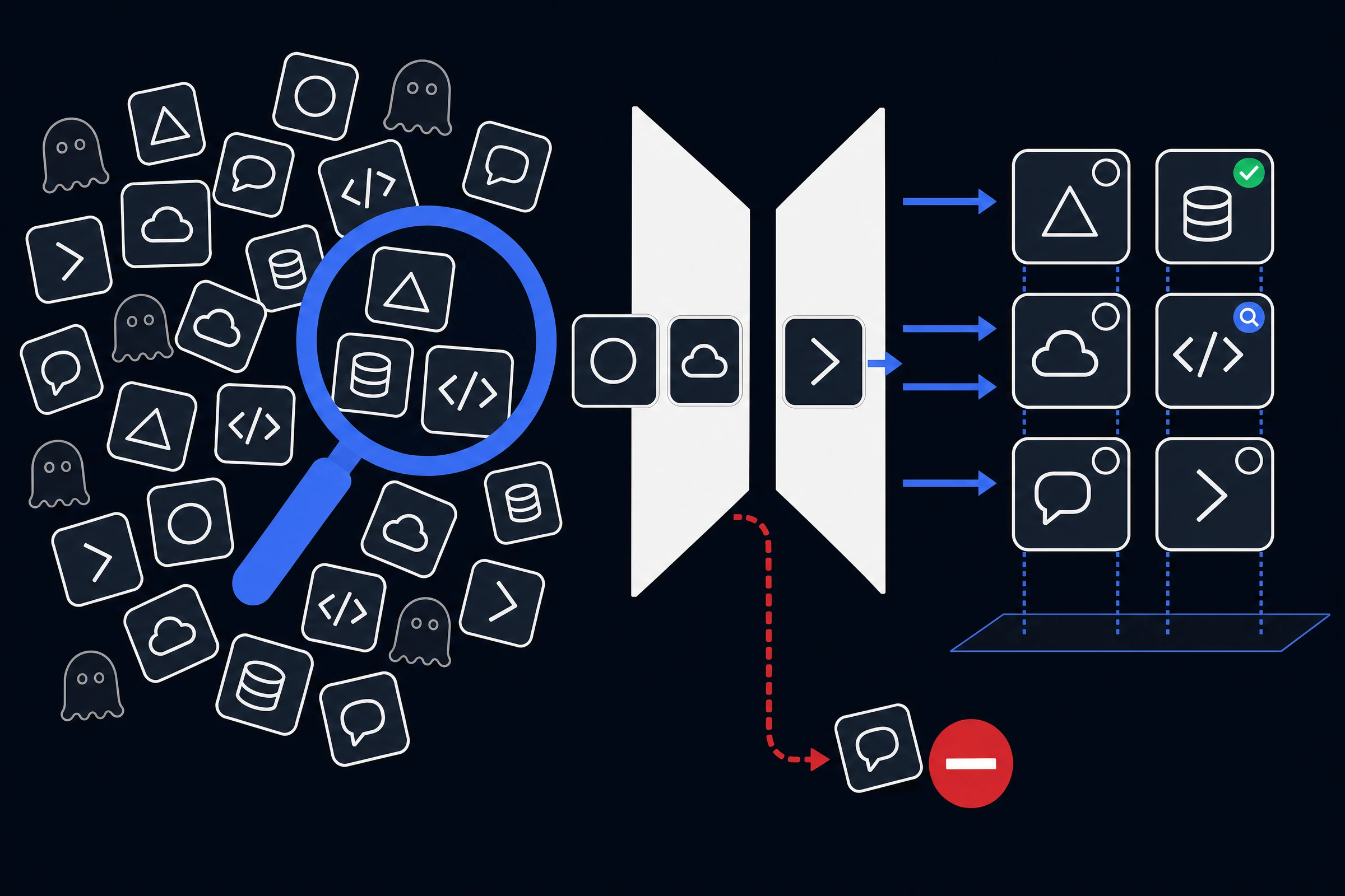 Diagram: a broad influx of discovered AI resources meeting one approval gate and sorting beyond it into separate lanes for pending, approved and blocked, with the approved lane marked green.