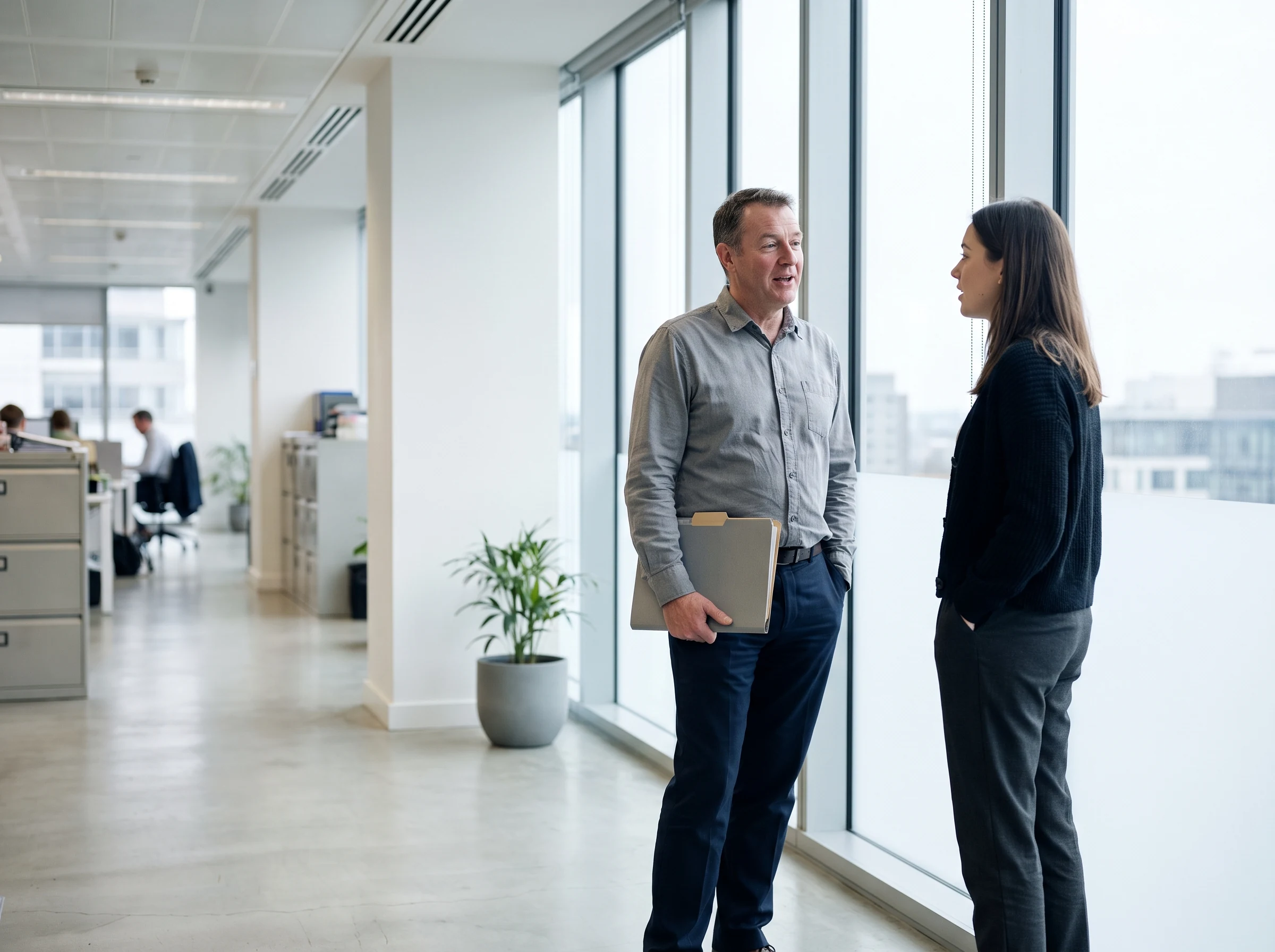 Two colleagues talking in a bright office corridor beside a floor to ceiling window, one holding a folder, with an open plan workspace behind them.