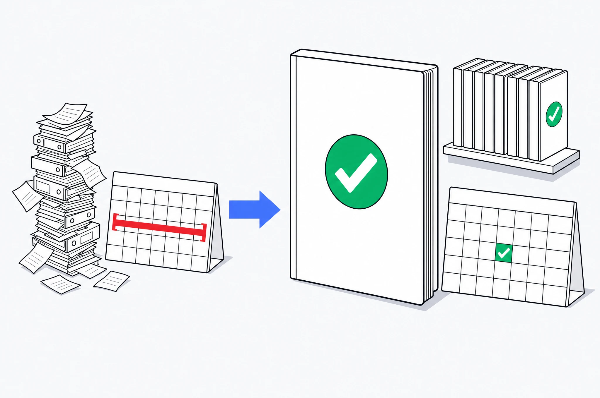 Diagram: on the left a toppling stack of binders and a calendar marked across several weeks of preparation, on the right one bound approved report, a shelf of finished volumes, and a calendar marked on a single day.