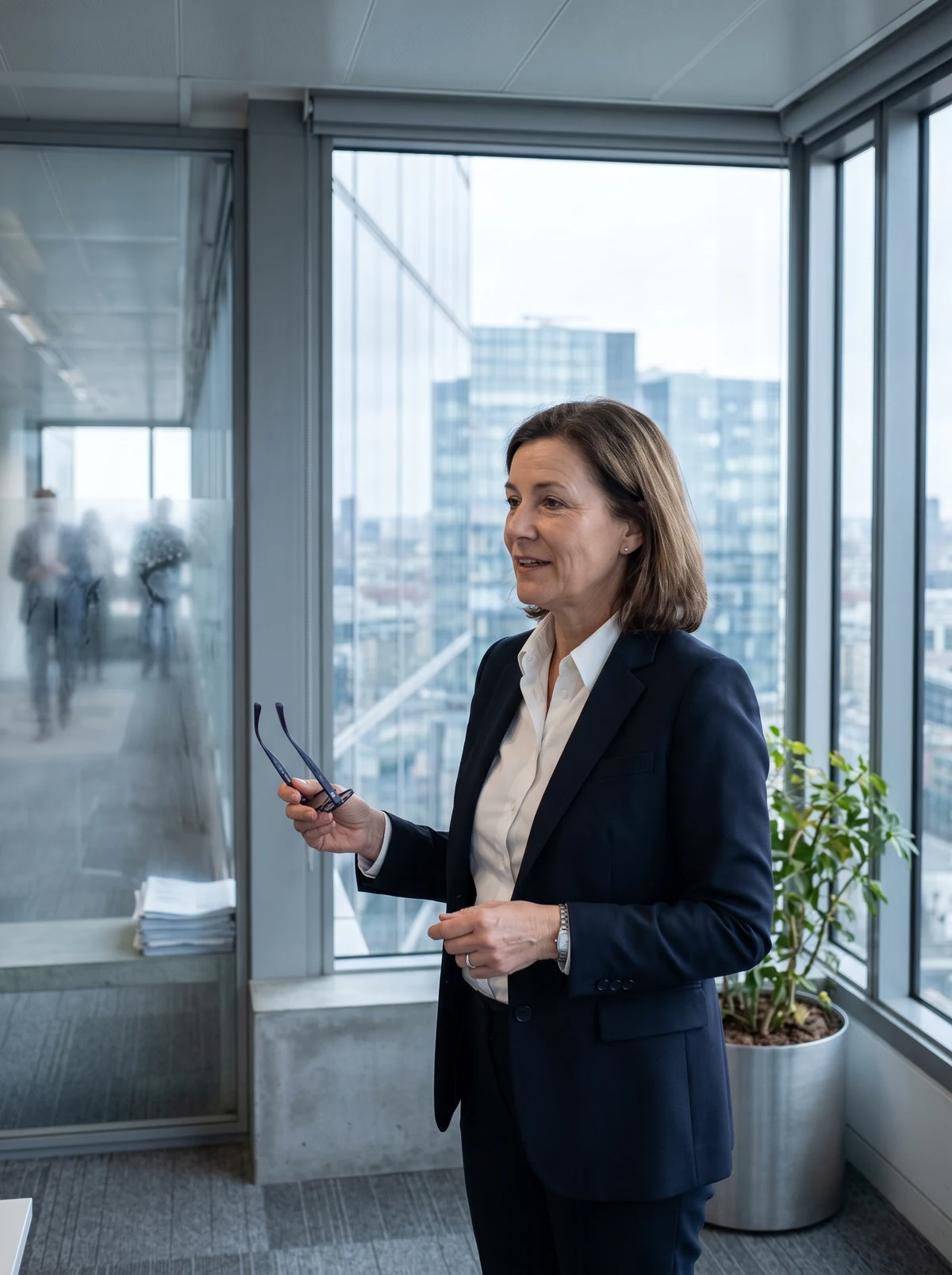 A VP of security in a glass walled corner office in daylight, holding her glasses, colleagues visible behind her.