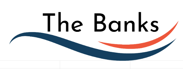 Logo with the text 'The Banks' above two stylized curved lines in navy blue and red.