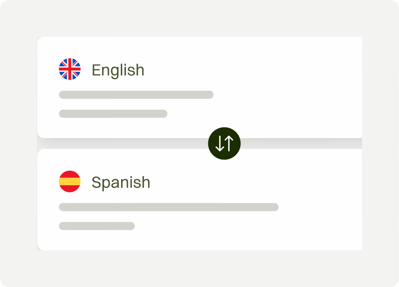 User interface displaying language options with English and Spanish flags and names separated by a vertical divider with up and down arrows.