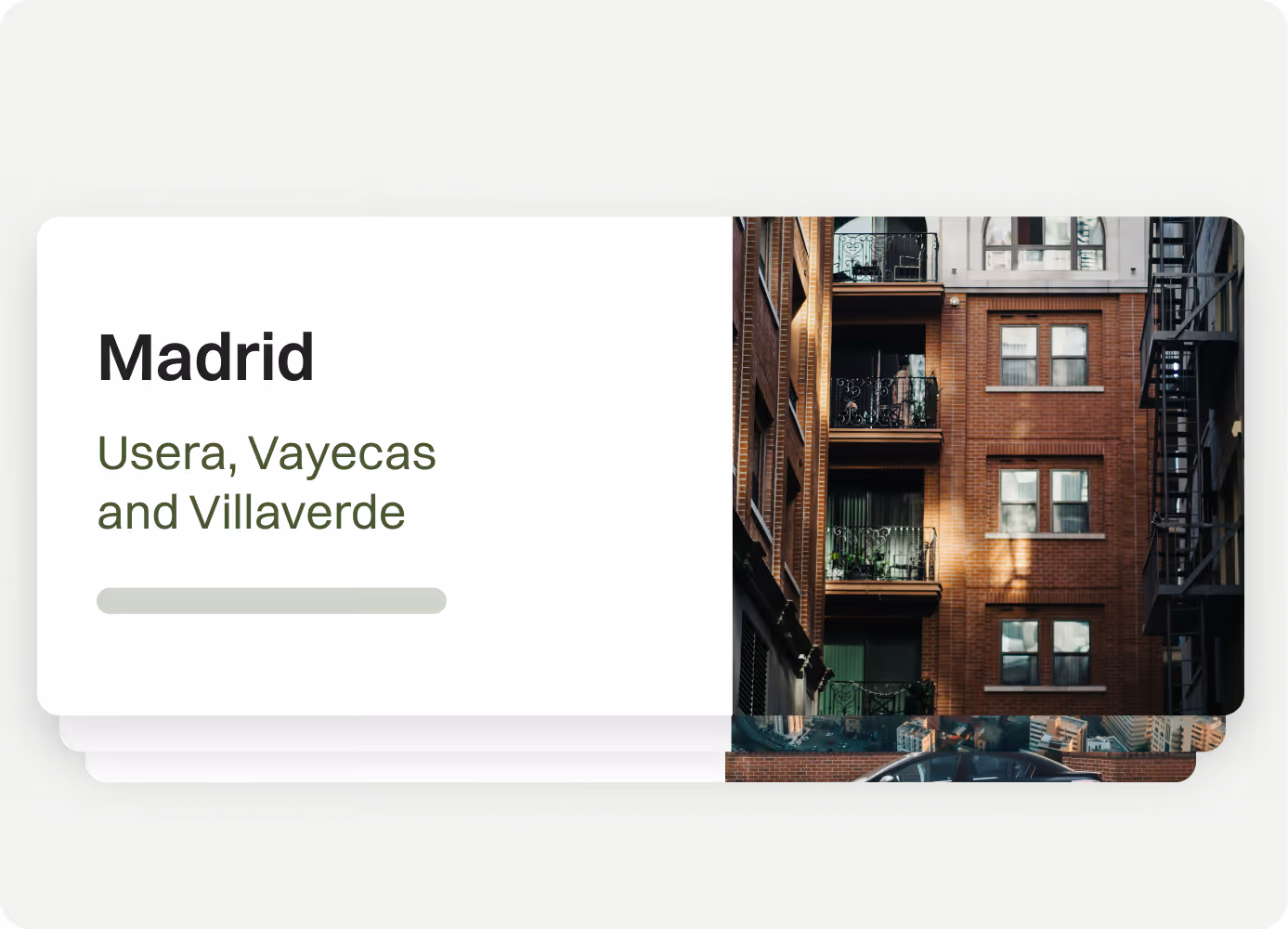 Card featuring Madrid with neighborhoods Usera, Vayecas, and Villaverde, next to a photo of brick apartment buildings with balconies and metal fire escapes.