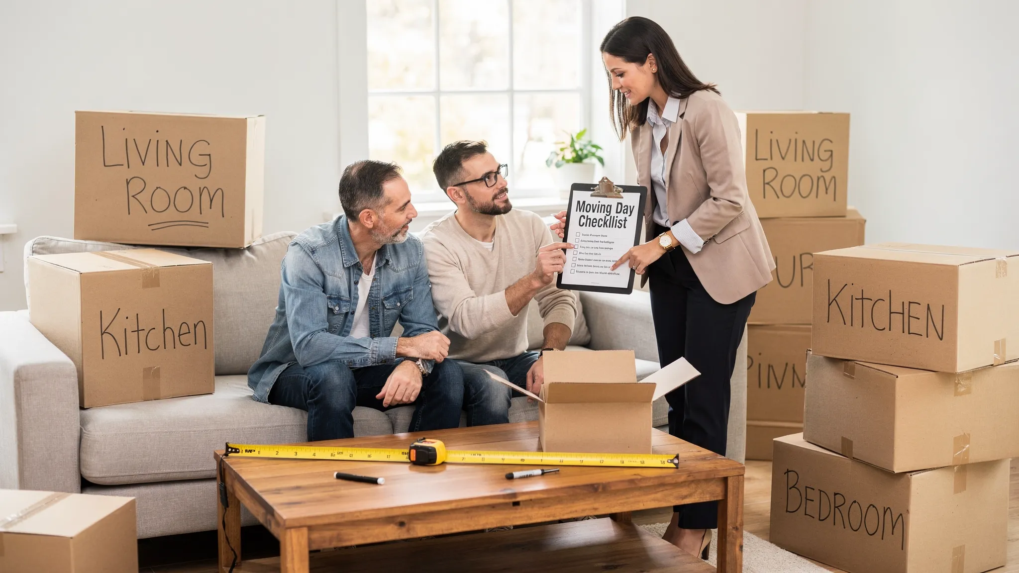 A moving coordinator reviewing a relocation checklist with a couple in a living room, with labeled moving boxes and a measuring tape on a coffee table.