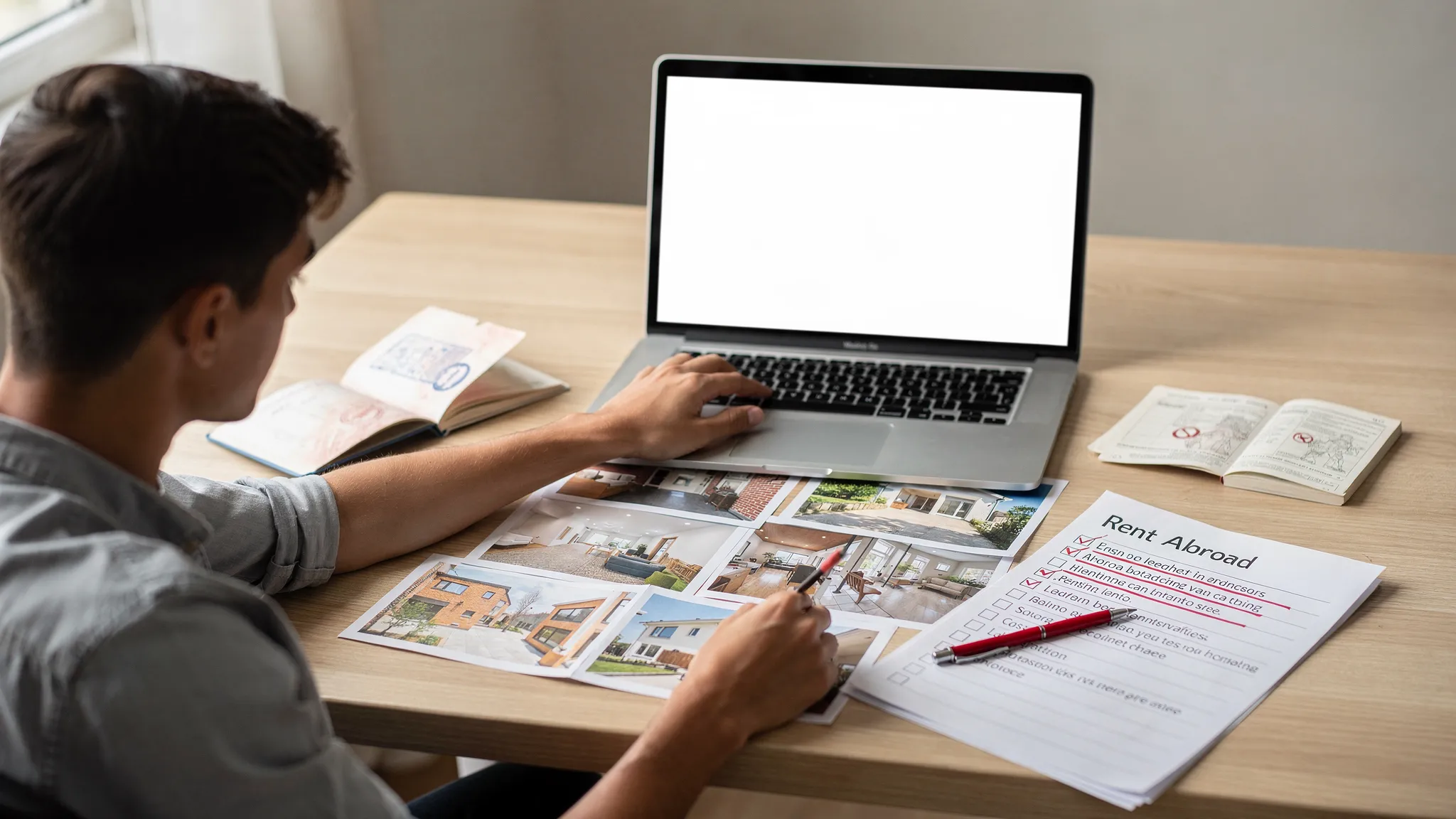 A person preparing to rent abroad sits at a desk with a passport, a laptop (screen facing the viewer but blank), printed listing photos, and a checklist with red flags highlighted, conveying careful verification before sending money.