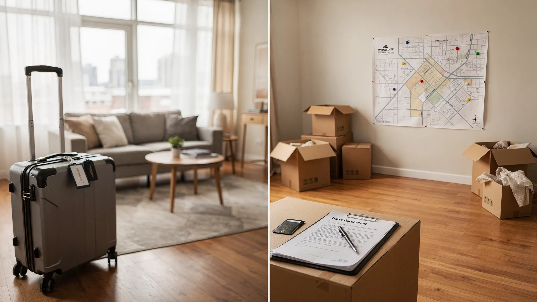 A split scene comparing relocation housing choices: on the left, a furnished short-term apartment with a suitcase and a keycard on a counter; on the right, an unfurnished long-term rental living room with moving boxes, a lease folder on a table, and a city map pinned on the wall.