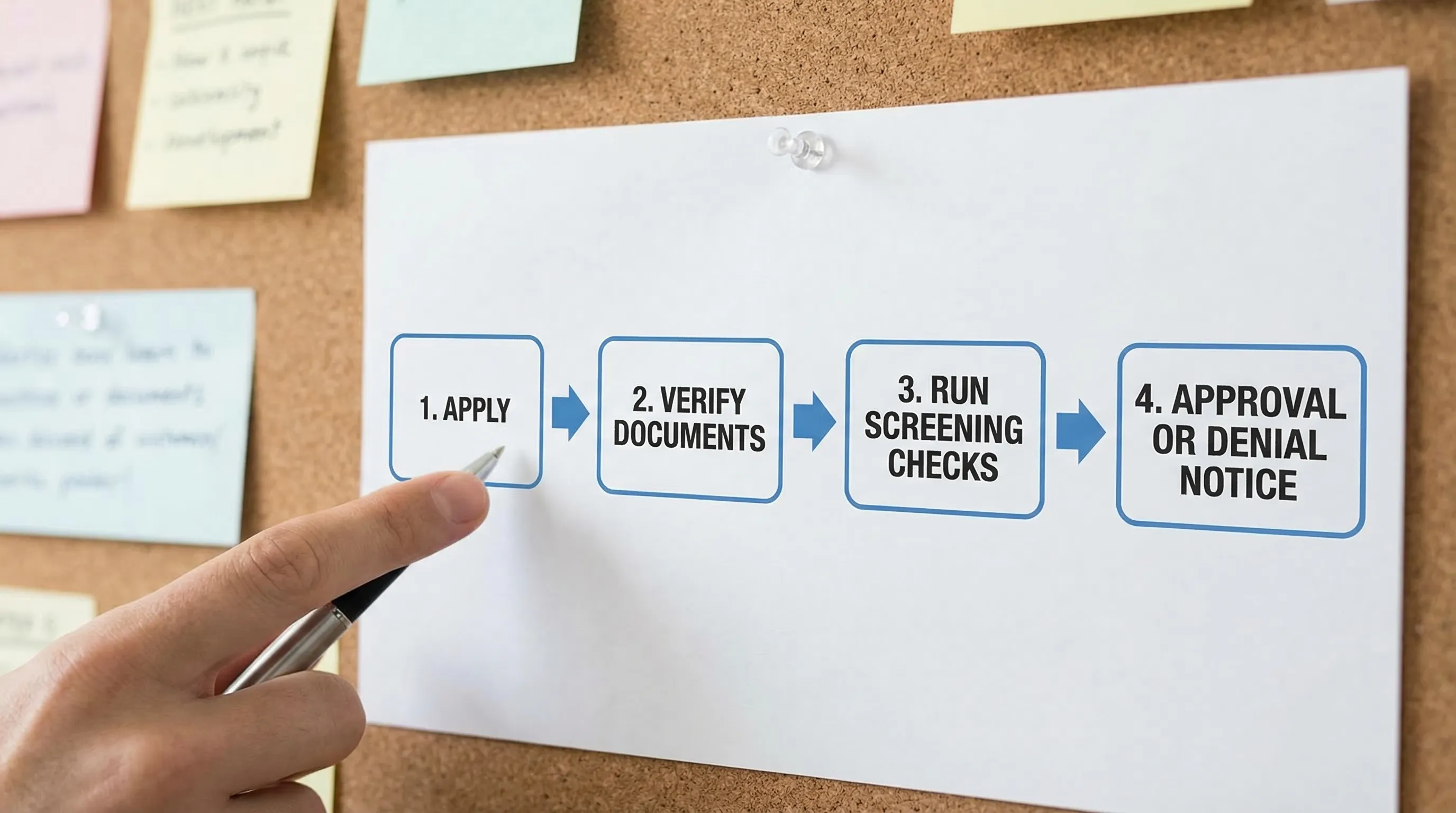A simple four-step flow diagram showing tenant screening stages: apply, verify documents, run screening checks, approval or denial notice.