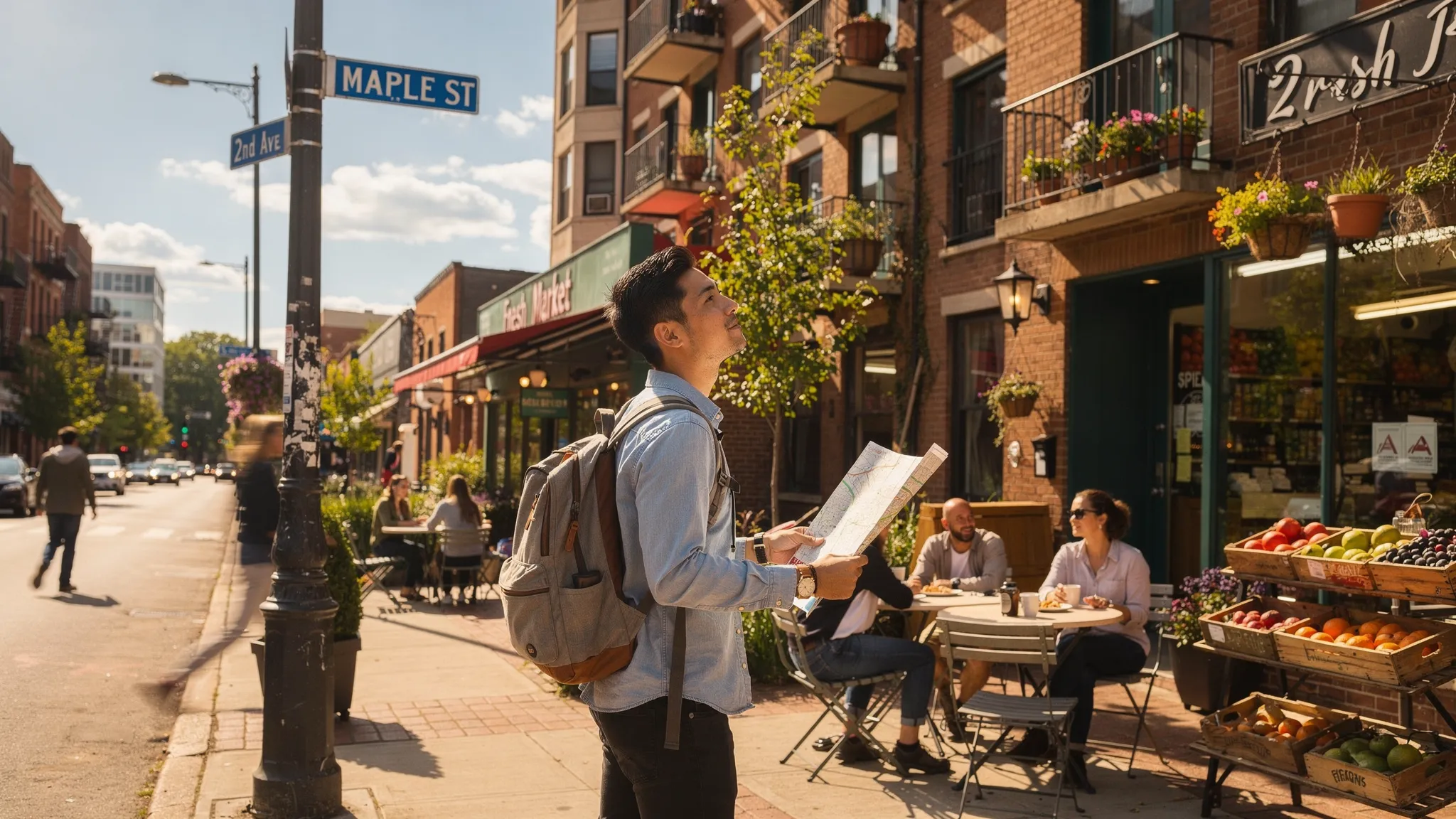 A newcomer walking through a city neighborhood in daylight, passing cafes, a small grocery store, and apartment buildings, while checking street signs and observing the vibe of the area.