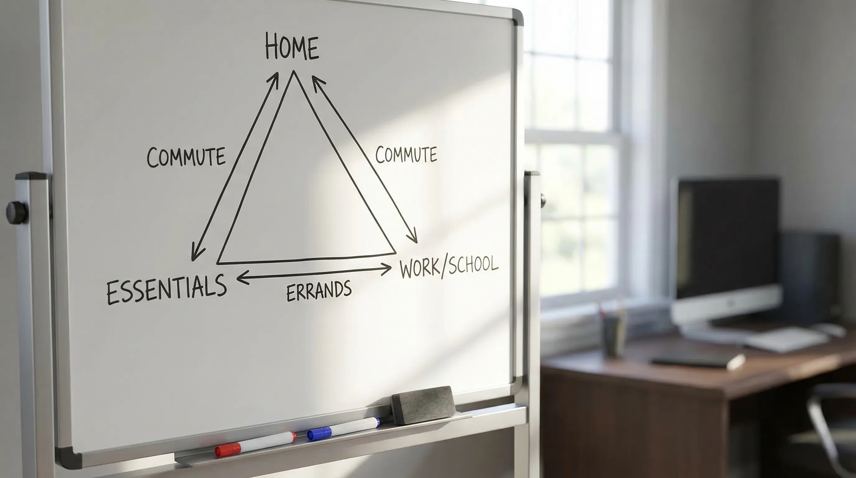 A simple three-part diagram showing a “daily triangle” with Home, Work/School, and Essentials connected by lines, representing commute and errands.