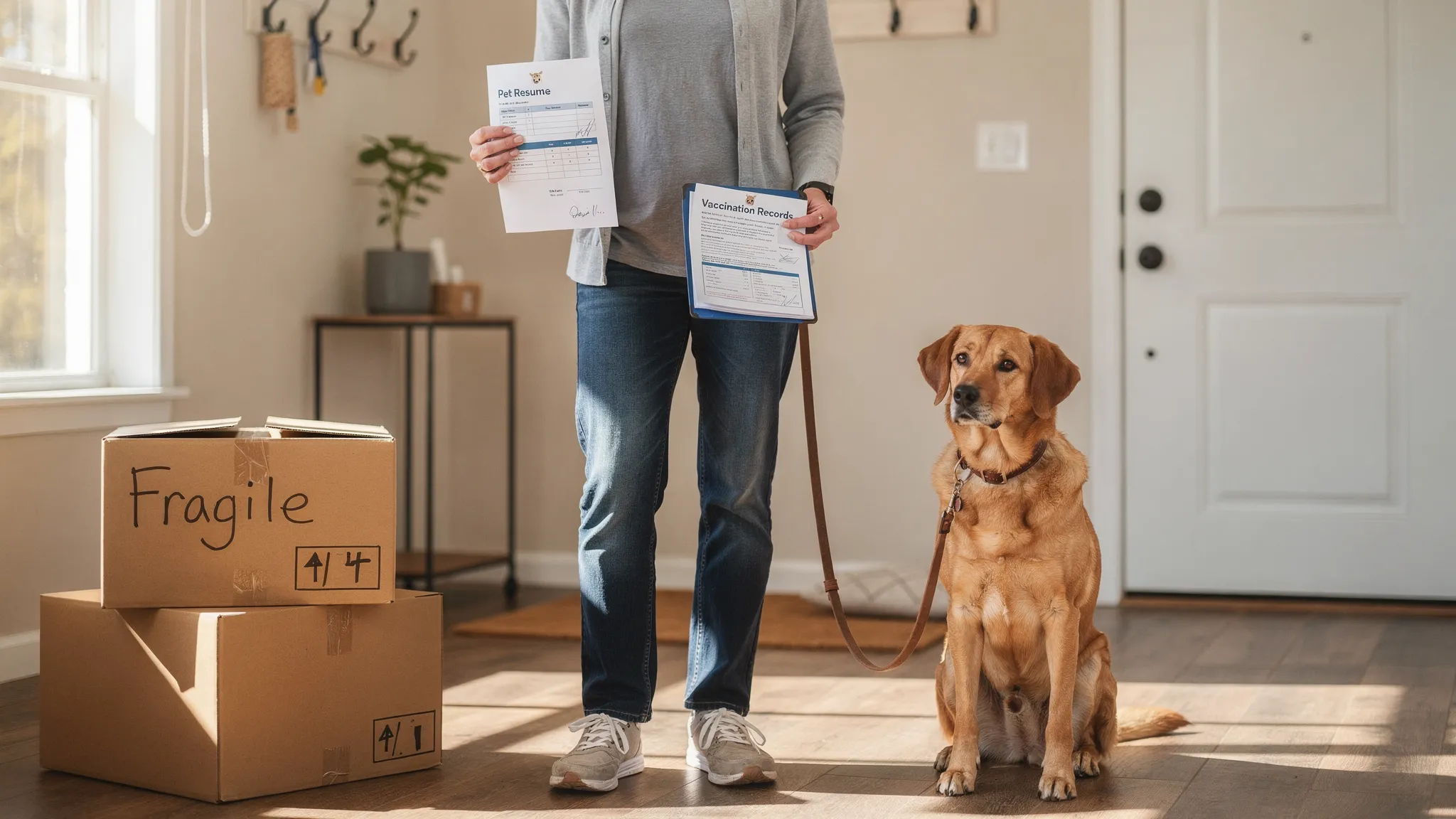 A renter holds a printed “pet resume” and vaccination record folder while standing in a bright apartment entryway, with a calm leashed dog sitting beside them and moving boxes nearby.