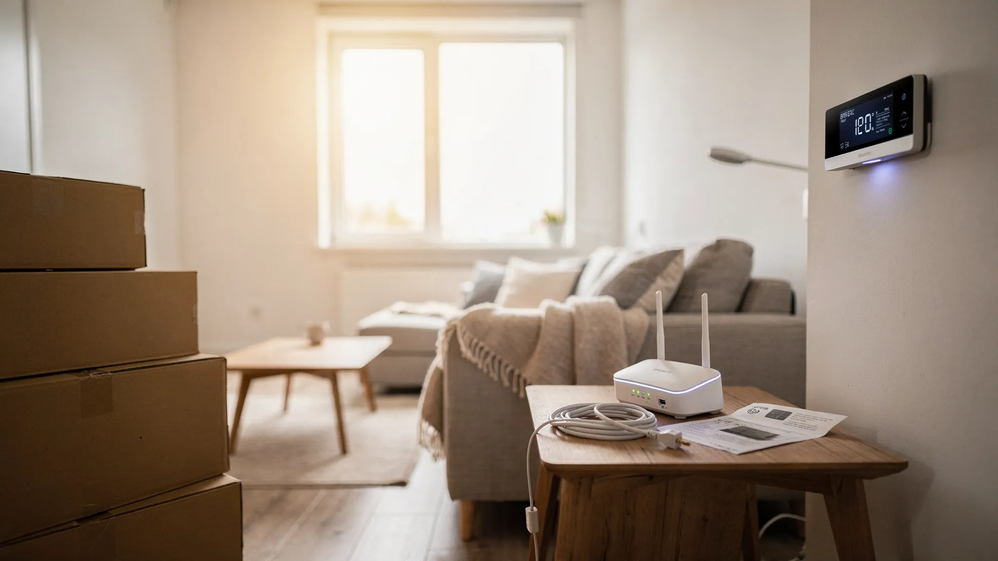 A simple “utilities on” moment in a new apartment: a lit living room with a visible Wi‑Fi router on a side table, a thermostat on the wall, and moving boxes stacked neatly nearby.