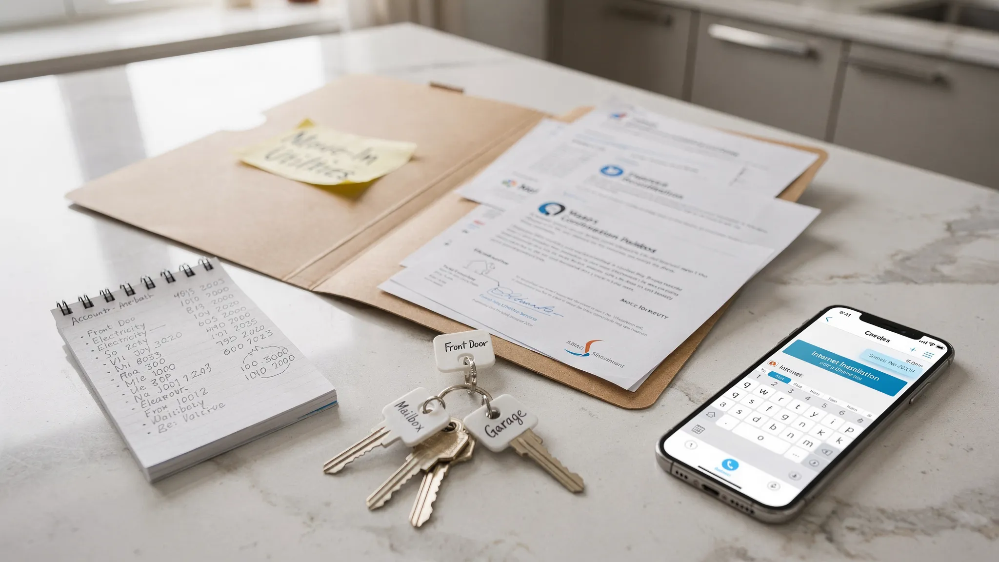 A renter’s “move-in utilities folder” on a kitchen counter, including printed confirmation emails, a notepad with account numbers, a labeled keyring, and a phone displaying a calendar with an internet installation appointment.