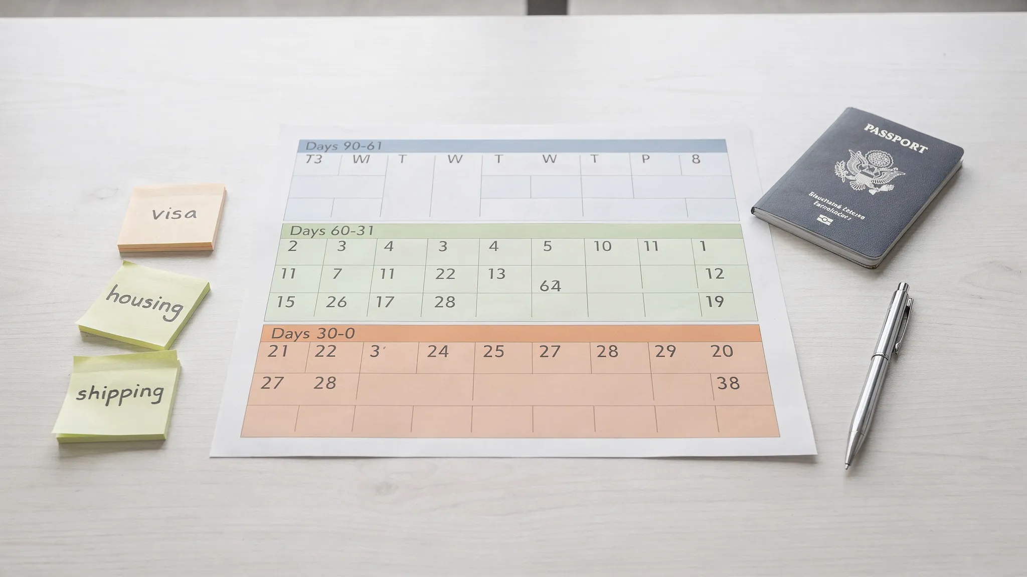 A clean 90-day countdown calendar on a desk with three highlighted phases (Days 90-61, 60-31, 30-0), sticky notes for “visa,” “housing,” and “shipping,” plus a passport and a pen nearby.