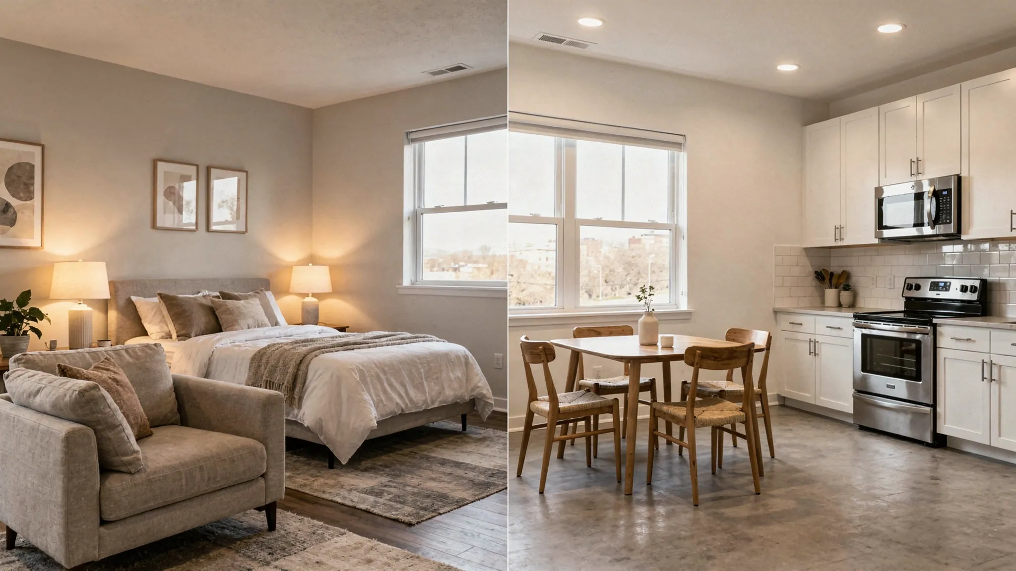 A side-by-side scene showing two adjacent apartments: one fully furnished with a bed, sofa, dining table, and lamps, and the other empty except for built-in kitchen appliances and light fixtures, illustrating the practical difference between furnished and unfurnished rentals.